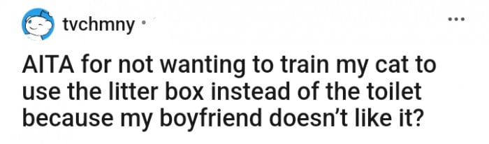 Man threatens to leave if girlfriend doesn’t train her cat’s with litterbox, but the girlfriend refuses