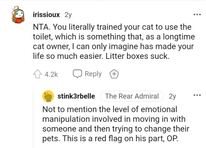 Man threatens to leave if girlfriend doesn't train her cat's litterbox, but the girlfriend refuses 24