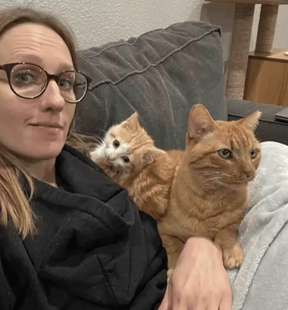 A woman sees her foster kitten cuddling with an outdoor cat 4