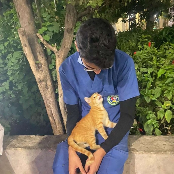 An exhausted nurse on his break is comforted by a stray cat 3