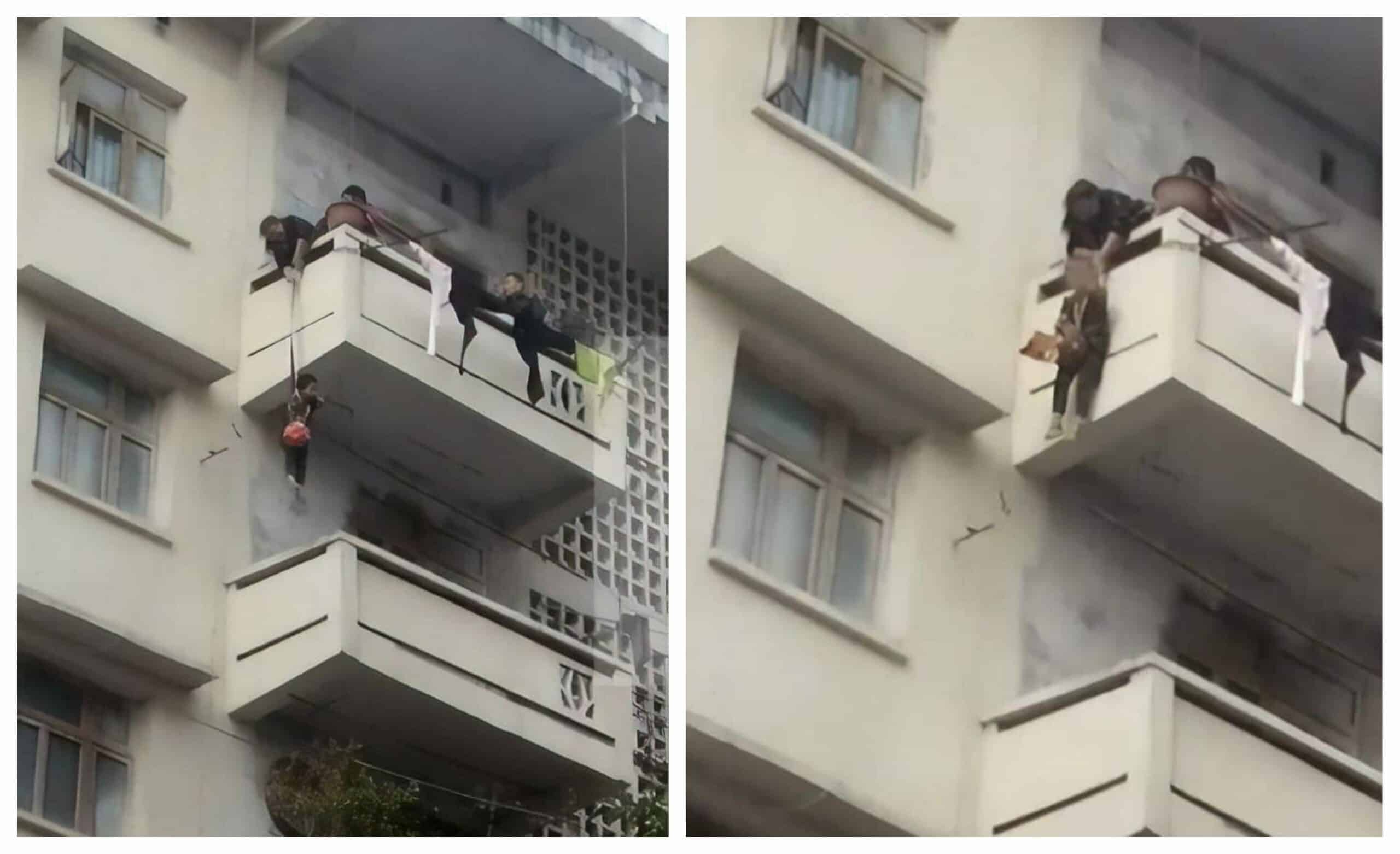 Chinese grandmother saves a cat by hanging her grandchild from a rope