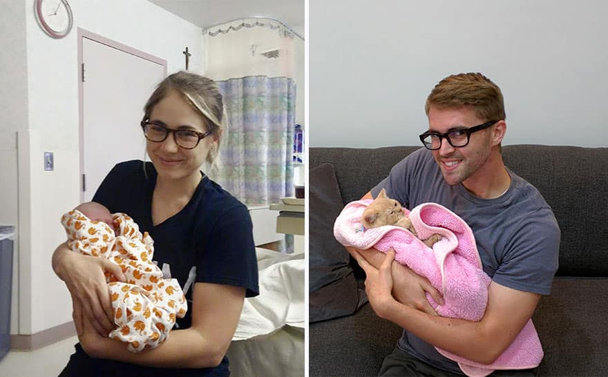 Single Man Uses A Cat To Recreate His Twin Sister's Baby Photos 1