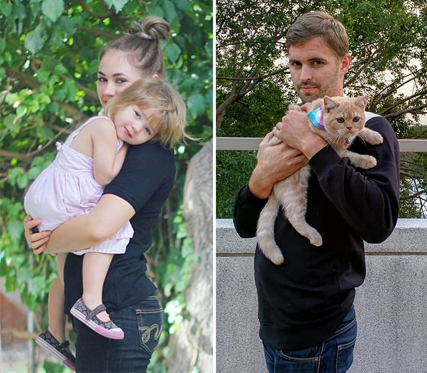 Single Man Uses A Cat To Recreate His Twin Sister's Baby Photos 2