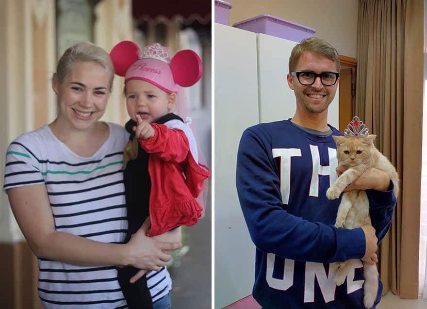 Single Man Uses A Cat To Recreate His Twin Sister's Baby Photos 4