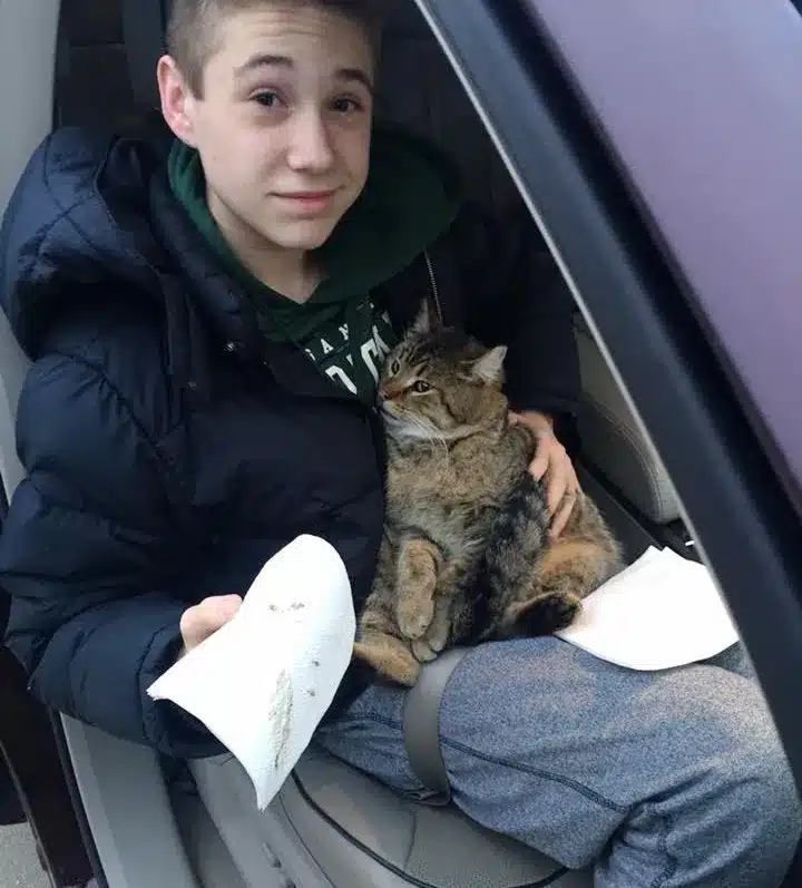 The cat clings on the 14-year-old boy for dear life when he dives into the overpass to save it from the bridge 2